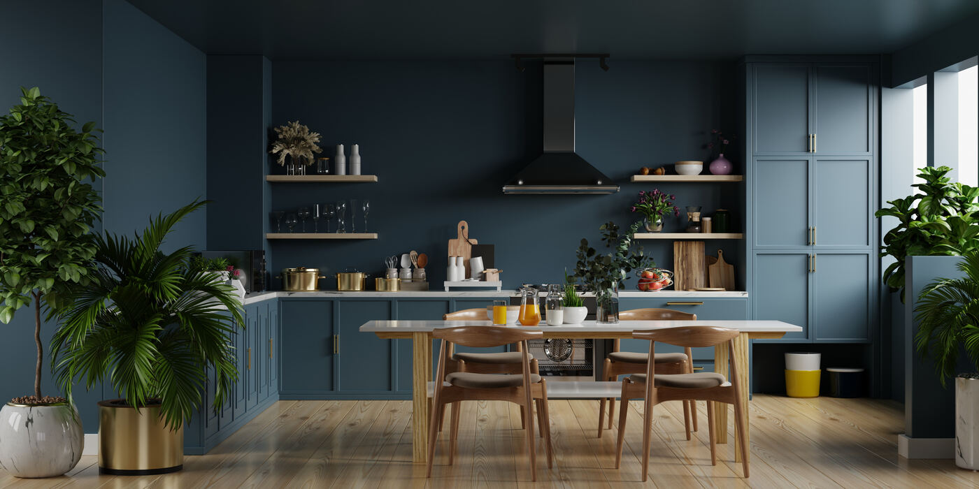 Kitchen with blue painted cabinets and wood accents, cabinet painting in Lakeland FL